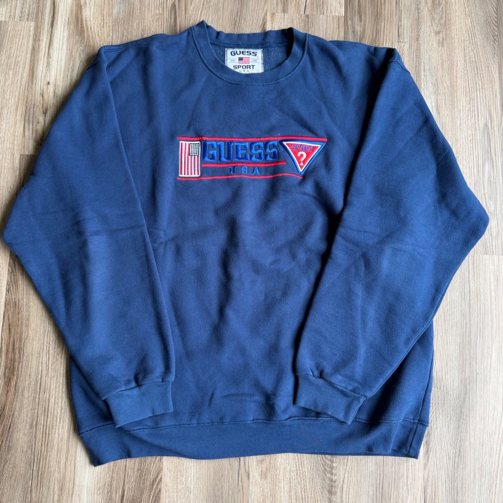 Vintage Guess Sport USA Sweatshirt Navy Blue Embroidered Logo Pullover XL 30-371
